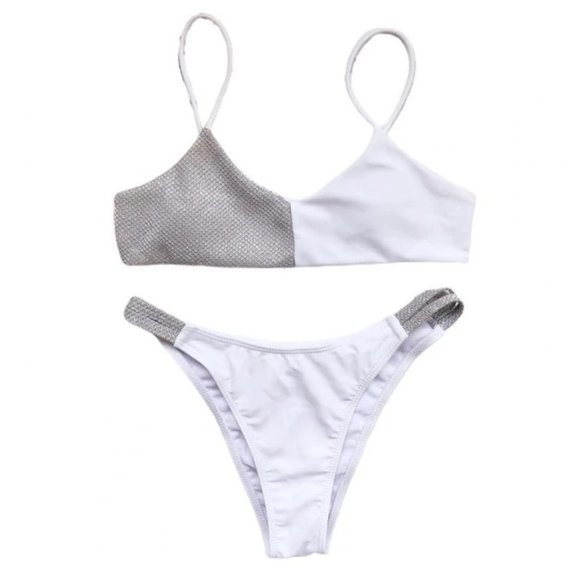 While & Silver Color Block Bikini Set - Picture 2 of 6